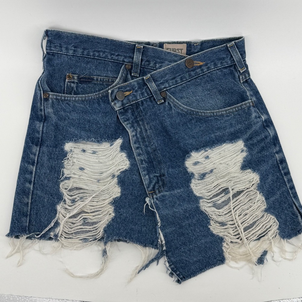 Furst of a Kind Reconstructed Vintage Lee Denim Asymmetric Distressed Mini Skirt